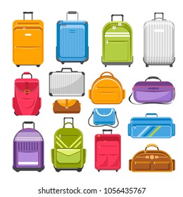 Bags different type models of travel, fashion or shcool and sports bag flat cartoon icons set