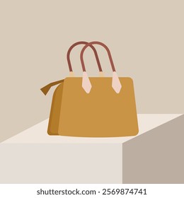 bags in fashion store showcase, vector illustration. Designer brand boutique, handbags and suitcases for men and women. Luxury accessories shop, trendy bags for casual quality lifestyle