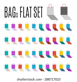 Bags flat set. Modern icons packets of different color variations. 