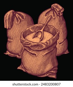 Bags of flour. Editable hand drawn illustration. Vector vintage engraving. Isolated on black background. 8 EPS