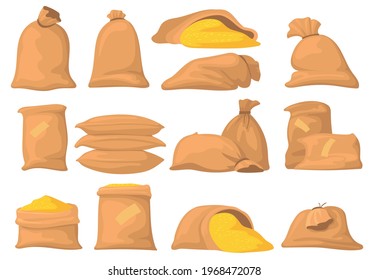 Bags of flour, rice, wheat and sugar vector illustrations set. Cartoon sacks with harvest, food isolated on white background. Agriculture, farming, agronomy, food concept