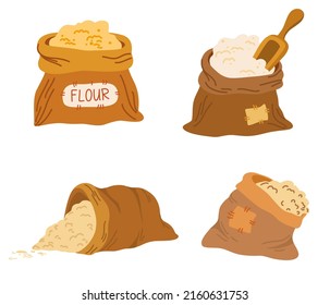 Bags flour and wheat ears set. Wheat, rye, rye ear, symbol of farming, bread, harvest. Whole stems, an organic vegetarian element of food packaging. Vector flat illustration. 