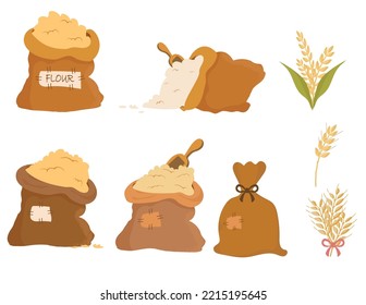 Bags flour and wheat ears set. Wheat, rye, rye ear, symbol of farming, bread, harvest. Whole stems, an organic vegetarian element of food packaging. Vector flat illustration.