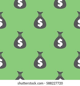 Bags full of dollars seamless pattern. Wrapping background with repeating USA money symbols isolated on green. Vector eps8 illustration.