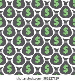 Bags full of dollars seamless pattern. Wrapping background with repeating USA money symbols isolated on white. Vector eps8 illustration.