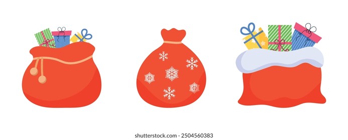 Bags with gifts from Santa Claus. New Year attributes. Vector.