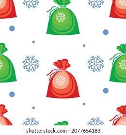 Bags with gifts and snowflakes. Seamless festive new year winter pattern. Vector image. 