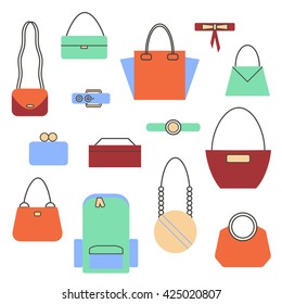 Bags and Handbags Color Icons Set on White Background. Vector illustration