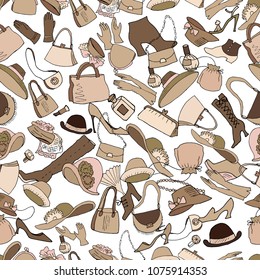 Bags, hats, gloves, shoes and accessories. Vintage style, seamless pattern. Vector illustration.