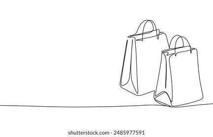 Bags hoping one line continuous. Line art shoping bags. Hand drawn vector art. 