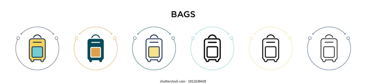 Bags icon in filled, thin line, outline and stroke style. Vector illustration of two colored and black bags vector icons designs can be used for mobile, ui, web