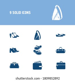 Bags icon set and computer bag with chunky heel, wallet and doctor bag. Medical case related bags icon vector for web UI logo design.