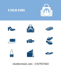 Bags icon set and crossbody bag with flip-flops, clutch and suede. Mailbag related bags icon vector for web UI logo design.