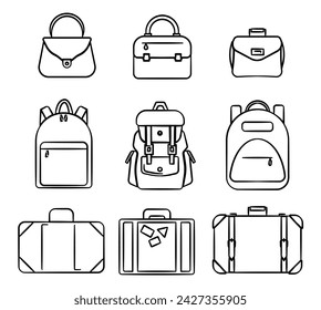 Bags icons. Luggage icon, women's bags, briefcases and backpacks. EPS 10.