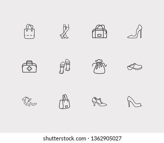 Bags icons set. Knee high boots and bags icons with clogs, doctor bag and tote. Set of apparel for web app logo UI design.