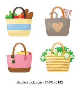 Bags Illustration Vector Set in Flat Style Isolated on White Background. Various Style of Bags with Unique Items Inside.