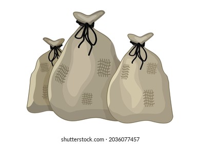 Bags isolated on white background. Three old brown sack.Sackcloth full pockets for harvest.Linen canvas bag tied rope.Sacks with christmas gifts.Fertilizer, compost or soil packing.Vector illustration