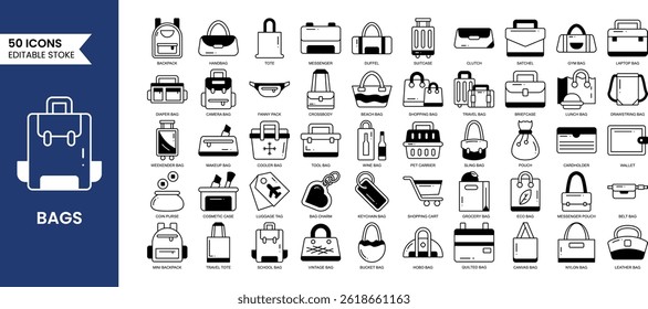 Bags line editable icon set in duotone style. Contains icons related to types of bags. Vector illustration