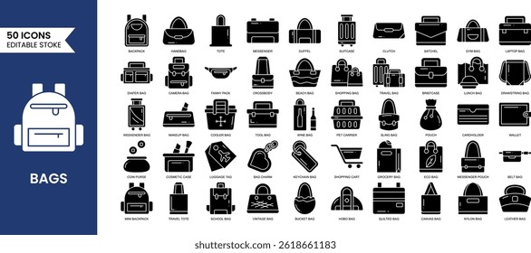 Bags line editable icon set in solid style. Contains icons related to types of bags. Vector illustration