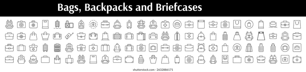 Pacote de ícone de linha de sacos. Porta-arquivos, Mochila, Pacote, Sinais de Contorno de Bagagem para Design Gráfico e Web, Aplicativos, Anúncios, Vários Cartões