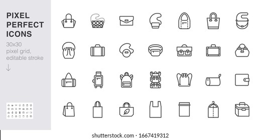 Markierungslinien-Symbol gesetzt. Pursetypen - Tote, Aktentasche, Fanny Pack, Shopper, Gepäck, Plastikbeutel minimale Vektorgrafiken. Einfache Rahmenzeichen für Mode-App. 30 x 30 Pixel perfekt. Bearbeitbare Striche.