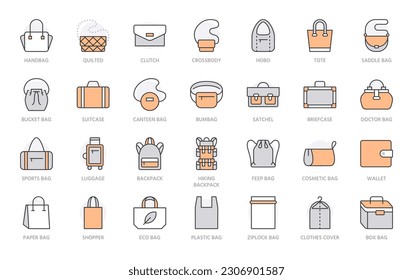 Bags line icon set. Purse types - tote, briefcase, fanny pack, shopper, luggage, plastic bag minimal vector illustrations. Simple outline signs for fashion app. Orange color. Editable Stroke