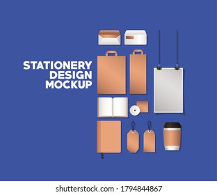 bags and mockup set on blue background of corporate identity and stationery design theme Vector illustration