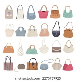 Bags models. Fashioned purses and grocery meshes recent vector handbags collection