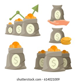 Bags of money with golden coins isolated on white background. Sacks with charts arrow going up, bag on hand, savings in sack with dollar sign, monetary accessory vector illustration
