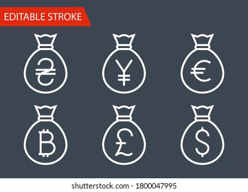 Bags and Money Icons Set  Thin Line Vector Illustration    Adjust stroke weight    Expand to any Size    Easy Change Colour    Editable Stroke