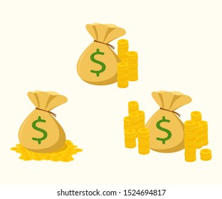 Bags of money. Stack of coins. Yellow round bag with a green dollar and rope. Three different types. Vector isolated illustration.