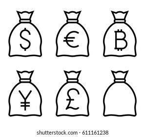 Bags with Money Thin Line Vector Icon. Flat icon isolated on the white background. Editable EPS file. Vector illustration.
