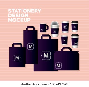 bags and mugs mockup set with dark purple branding of corporate identity and stationery design theme Vector illustration