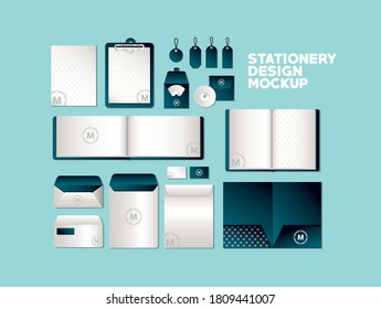 juego de simulación de bolsos y tazas con marca verde oscuro de identidad corporativa y diseño de papel Tema de ilustración vectorial