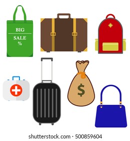 Bags. Package, bag, school backpack, doctor suitcase, traveling bag. Flat design, vector.