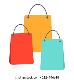 Bags, packages red, yellow, blue. Shopping in the store. On a white background. Gifts, surprise. Shopping. Simple, modern style.