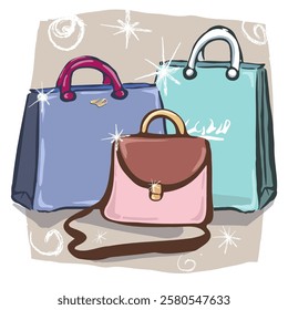 Bags and purse. Vector, hand draw, isolated. Abstract, fun and simple.