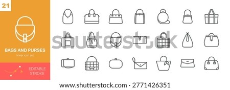 Bags and Purses Vector Icons Set. Fashion Accessories, Handbags, Wallets, Clutches, Shopper Bags and Luxury Purse Collection. Editable Linear Pack.