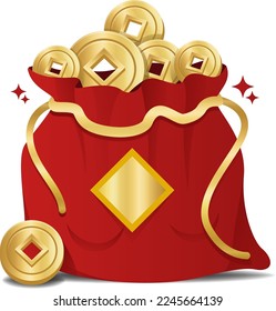 Bags with ribbons or sacks with tassels, pouches with gold ingots, packages with money or hangbao, pouches with Chinese hieroglyphs meaning Good Luck or Fortune.