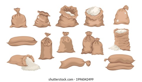 Bags with Rice, Sacks with Flour, Grain or Salt Cartoon Set. Farm Production in Brown Textile Bales, Closed and Open Sacks with White Dust Isolated on White Background. Vector Illustration, Icons