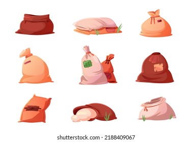 Bags and sacks with grain, flour, rice, cereal or salt isolated set. Farm production in brown textile bales, closed and open burlap packs on white background, Cartoon vector illustration, icons