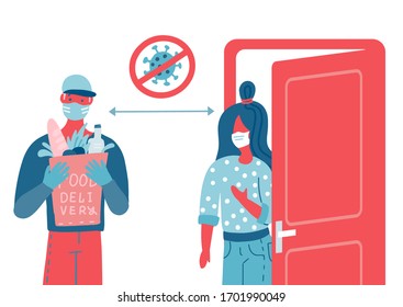 Bags safe delivery to the door. A courier with grocery or goods bags. People in white medical masks. Concept of home delivery service while coronavirus COVID-19 pandemic. Vector flat illustration.