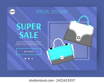 Bags sale landing page. Online shopping. Fashionable clothing boutique. Website template design. Elegant leather tote. Luxury handbags. Stylish shopper. Store discount promotion. Vector background