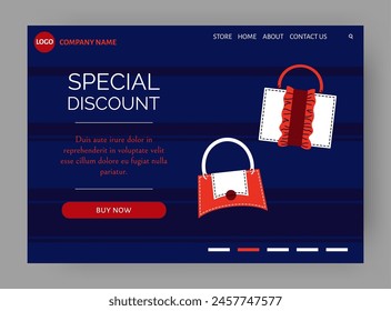 Bags sale landing page. Special discount. Online shopping. Fashionable clothing boutique. Website template design. Elegant accessory. Leather tote. Luxury handbag. Stylish pouch. Vector background