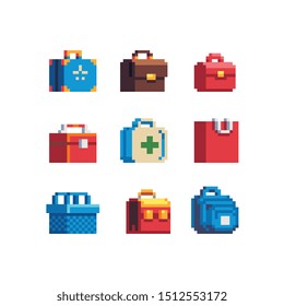 Bags set, backpack, first aid kit, retro suitcase, basket pixel art shopping icon. Isolated on white background vector illustration. Design for stickers, mobile app, web and logo. 8-bit sprite.