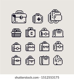 Bags set, backpack, first aid kit, backpack, retro suitcase, basket pixel art shopping icon. Isolated on white background vector illustration. Design for stickers, mobile app, web and logo. 1 bit.