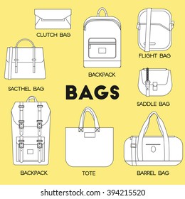 Bags set. Different kinds of bags and purses thin line icons. Flat vector illustration. Luggage, cases, clutch, backpack and barrel bag.