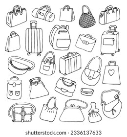 Bags. A set of different bags - for women, backpacks, travel, for sports, a bag, a suitcase, a shopper. Baggage. Accessories. Doodle. Vector illustration. Hand drawn. Outline.