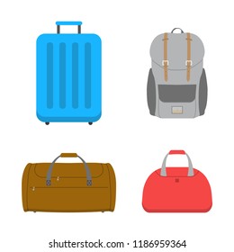 Bags set with suitcase and backpack. Luggage icons. Baggage for travel. Vector illustration.