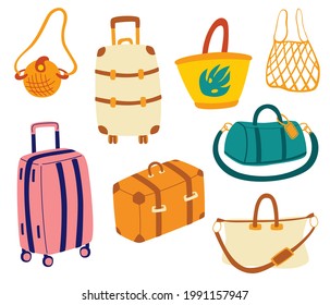 Bags set. Tourist travel suitcases, travel bags, luggage, bags for business trips, holidays, leisure. Summer vacation. Travel cartoon vector illustration. 